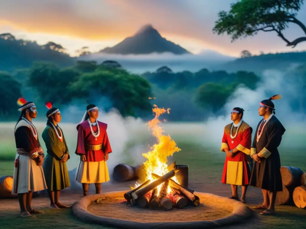 Jóvenes indígenas en ceremonia de iniciación alrededor del fuego al atardecer