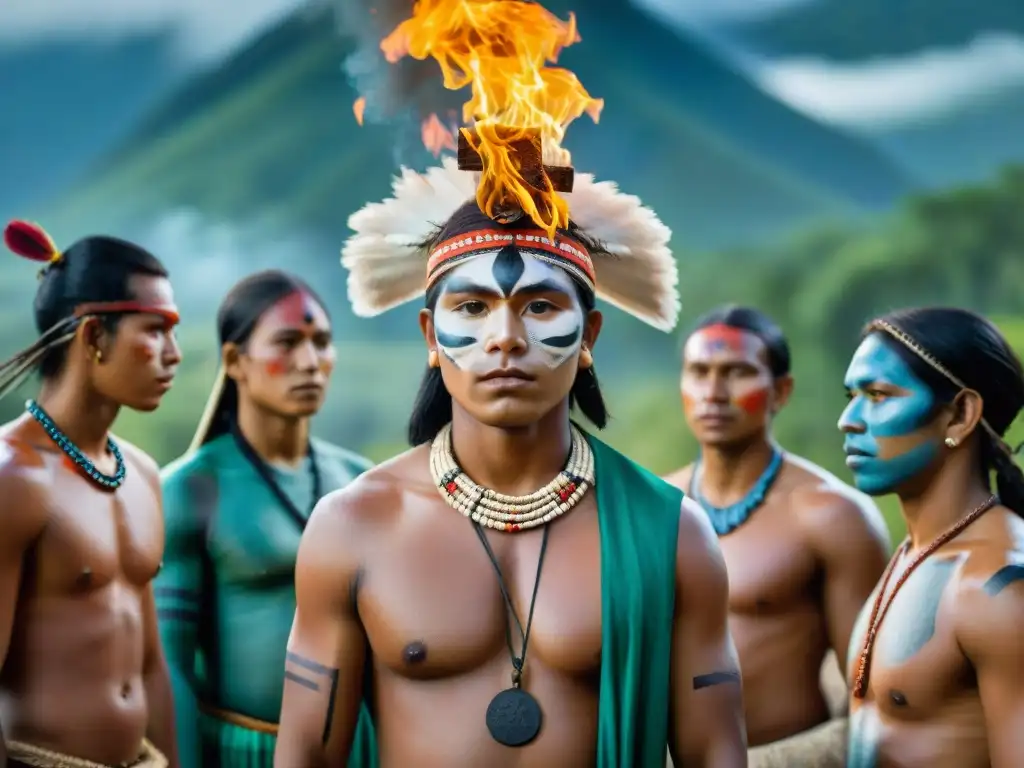 Jóvenes indígenas en ceremonia de paso a la adultez alrededor del fuego, destacando la unión y tradiciones