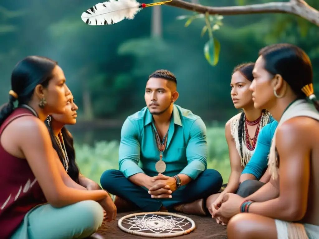 Jóvenes indígenas en círculo discutiendo al aire libre entre naturaleza y símbolos culturales