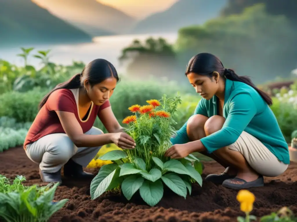 Jóvenes indígenas cuidando jardín herbal, conectados con la tierra y revitalización medicina herbal