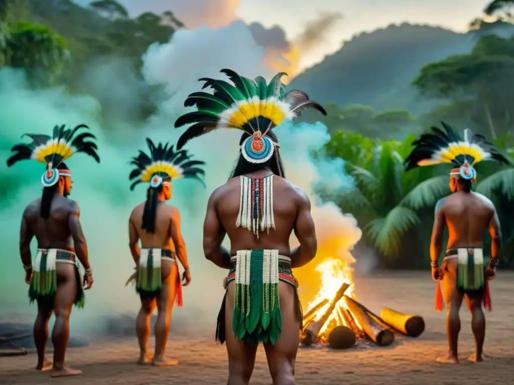 Jóvenes indígenas realizando danza en ceremonias de iniciación alrededor de fogata en la selva sudamericana al atardecer