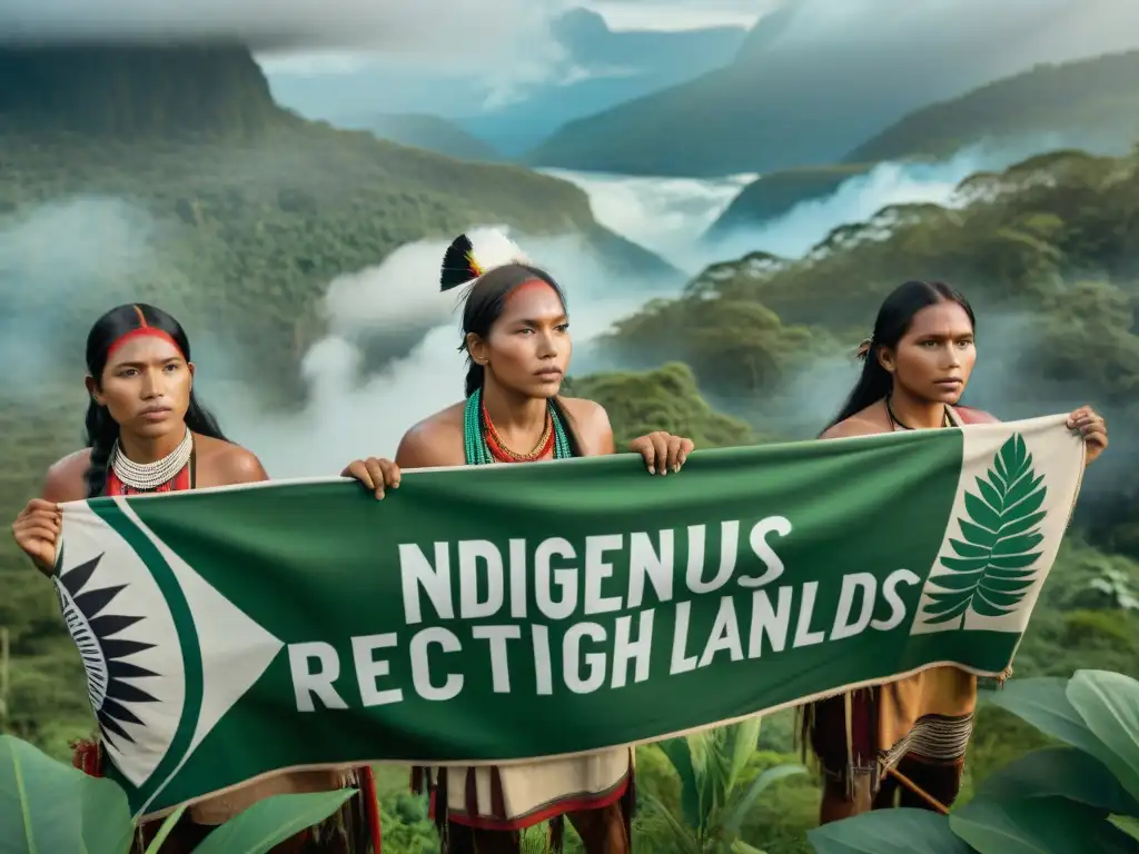 Jóvenes indígenas en defensa de su territorio, mostrando resistencia y amor por la tierra ancestral en medio de la naturaleza exuberante