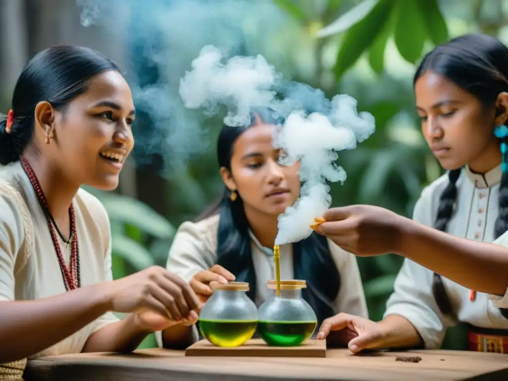Experimento científico indígena al aire libre: niña curiosa y alegre Jóvenes indígenas realizan experimento químico al aire libre, rodeados de naturaleza y artefactos tradicionales