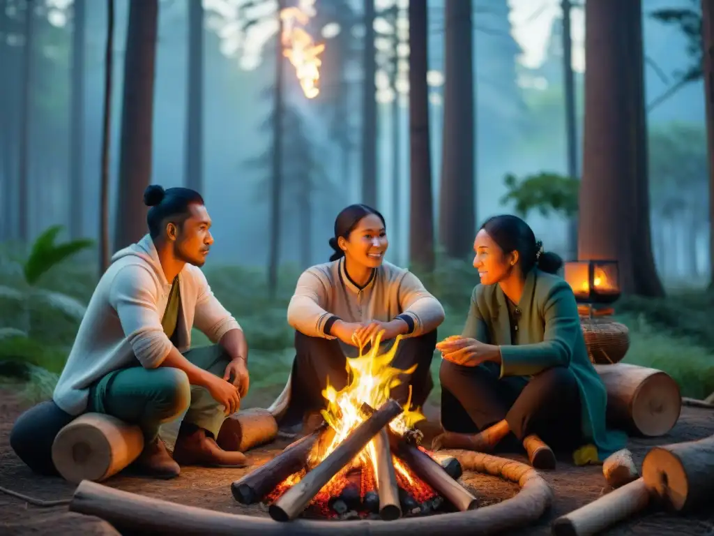 Jóvenes indígenas se reúnen alrededor de fogata en bosque, en escena de revitalización lenguas indígenas jóvenes