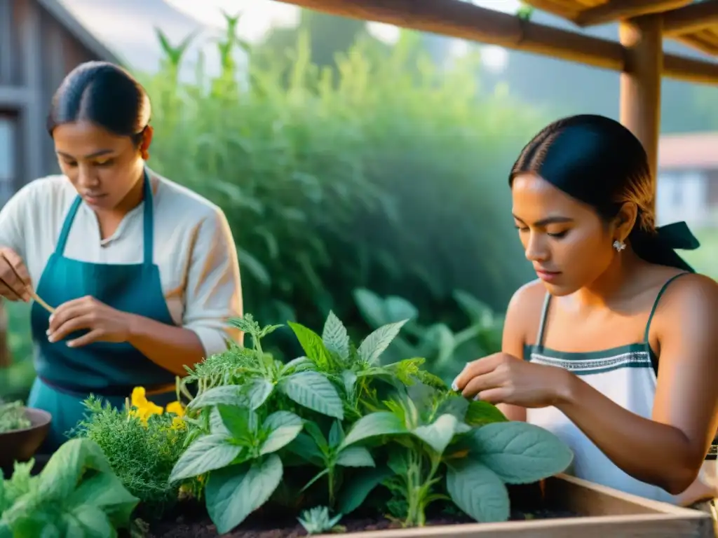 Jóvenes indígenas revitalizando medicina herbal en jardín comunitario soleado