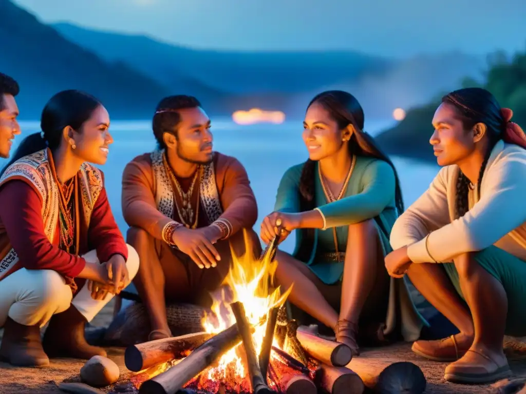 Jóvenes indígenas reunidos alrededor de fogata, compartiendo tradiciones y sabiduría ancestral en noche estrellada