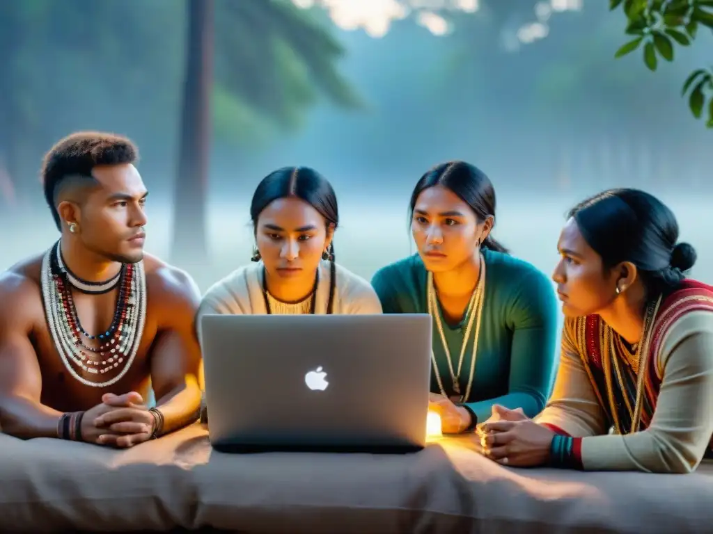 Jóvenes indígenas unidos en círculo, planificando estrategias digitales para activismo