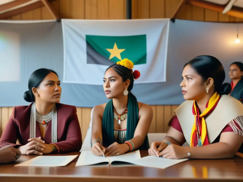 Jóvenes indígenas unidos en lucha, empoderados y decididos en una mesa repleta de materiales políticos en una sala comunitaria