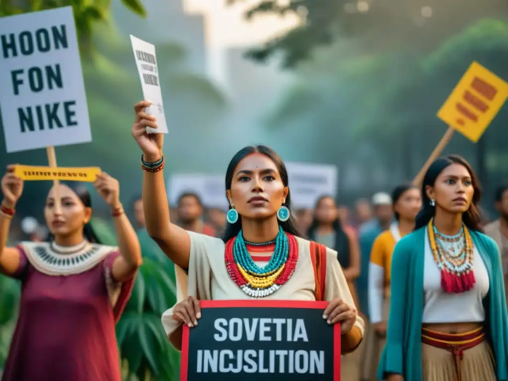 Jóvenes indígenas unidos en lucha política, con mensajes de protesta y símbolos culturales, destacando su conexión con la naturaleza y herencia