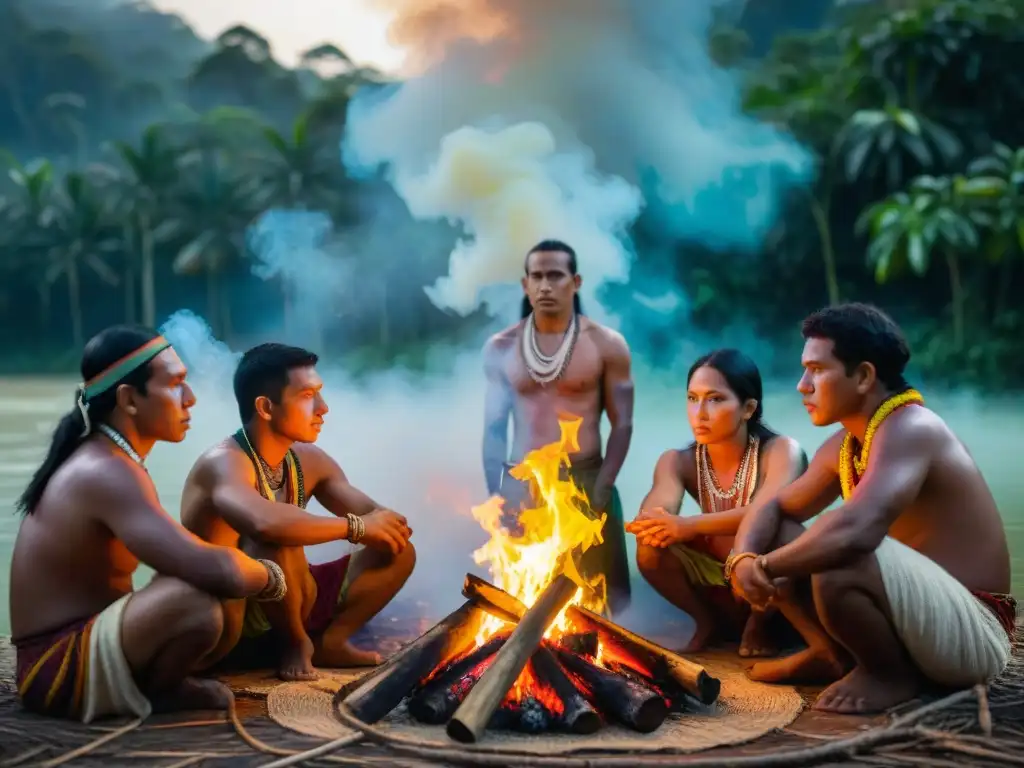 Jóvenes líderes indígenas de la Amazonía preservando su cultura en ceremonial alrededor del fuego