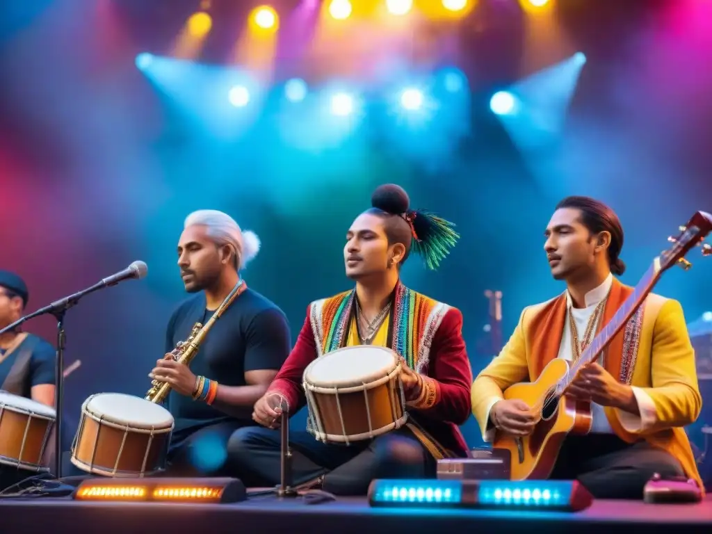 Jóvenes músicos indígenas fusionan música tradicional con moderna en un escenario iluminado, uniendo generaciones