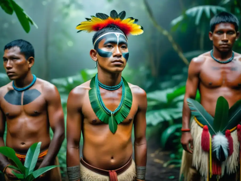 Jóvenes Yanomami en ritual de iniciación con chamán en la selva amazónica