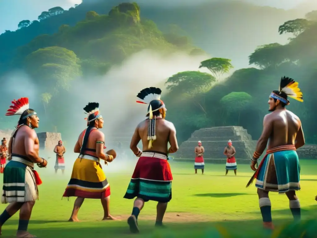 Juegos ancestrales en comunidades indígenas: Grupo jugando al juego mesoamericano en entorno vibrante y ancestral