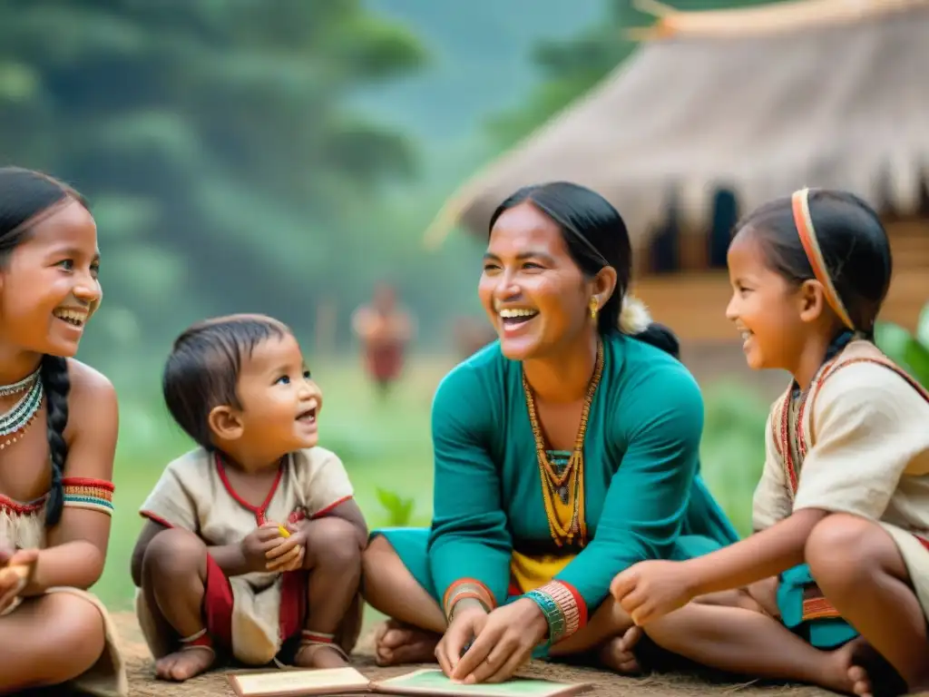 Juegos para aprender lenguas indígenas: Niños indígenas riendo y jugando con flashcards en un escenario cultural vibrante y educativo