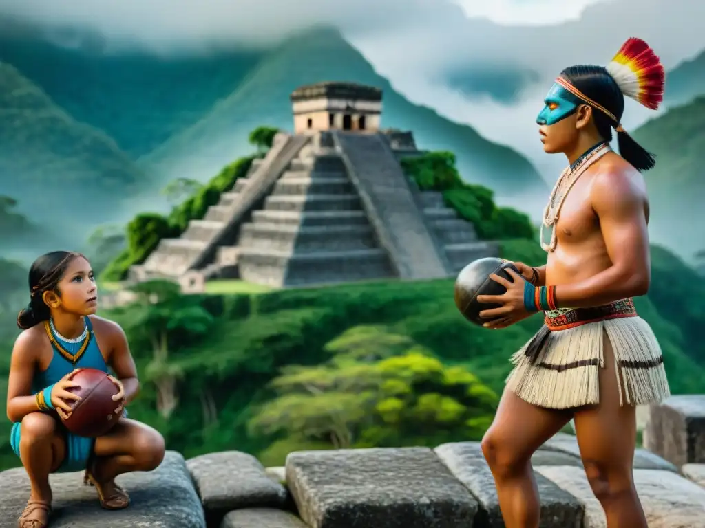 Juegos indígenas tradicionales en América: Niños juegan antiguo juego de pelota en Mesoamérica, mostrando atuendos vibrantes y ruinas antiguas