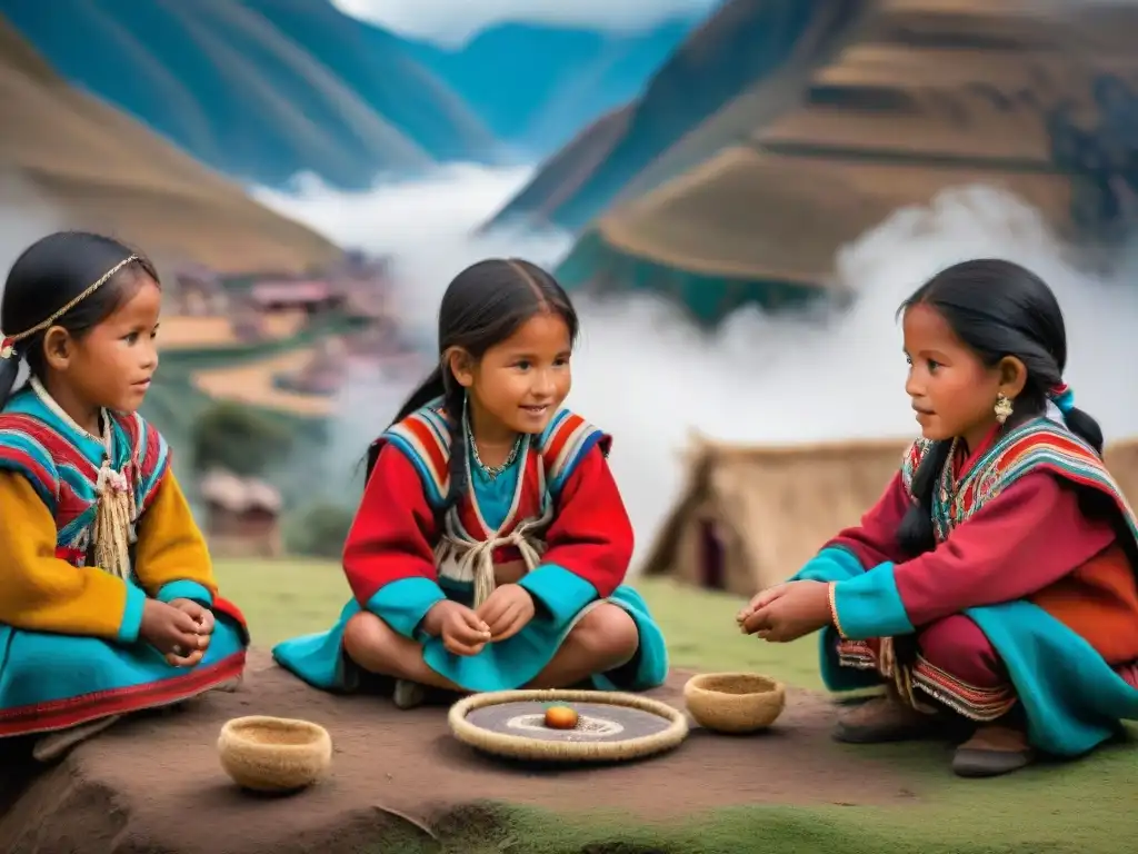 Juegos tradicionales en culturas indígenas andinas: Niños jugando y disfrutando en un pueblo andino rodeados de montañas