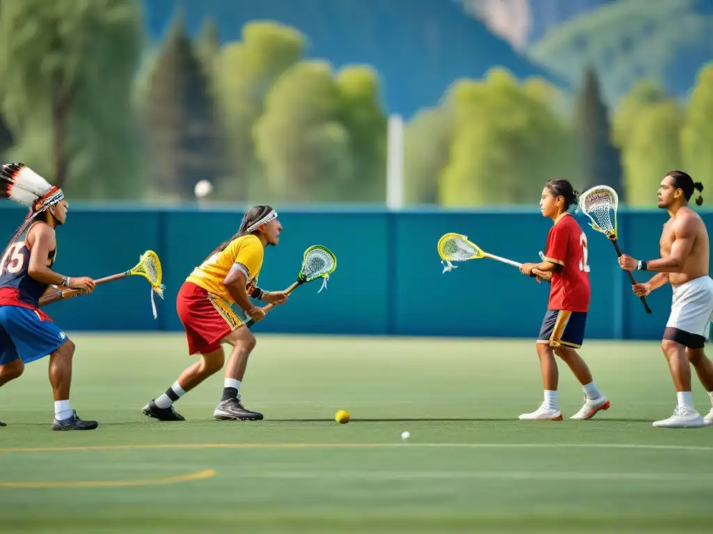 Juegos indígenas tradicionales América: Ancianos y niños juegan lacrosse en campo verde vibrante