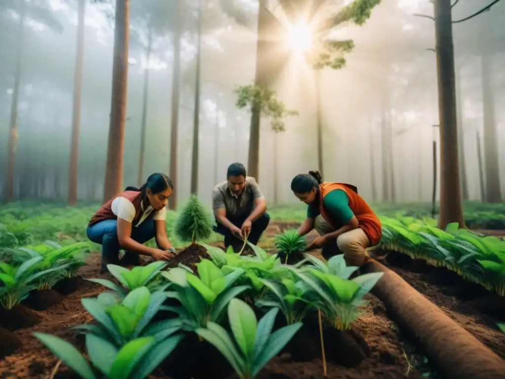 Juventud indígena lidera reforestación plantando árboles nativos en un bosque exuberante, con determinación y esperanza