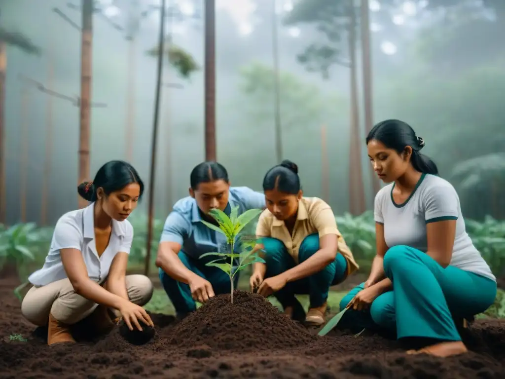 Juventud indígena lidera reforestación en bosque frondoso, cuidando árboles con determinación bajo cálida luz solar