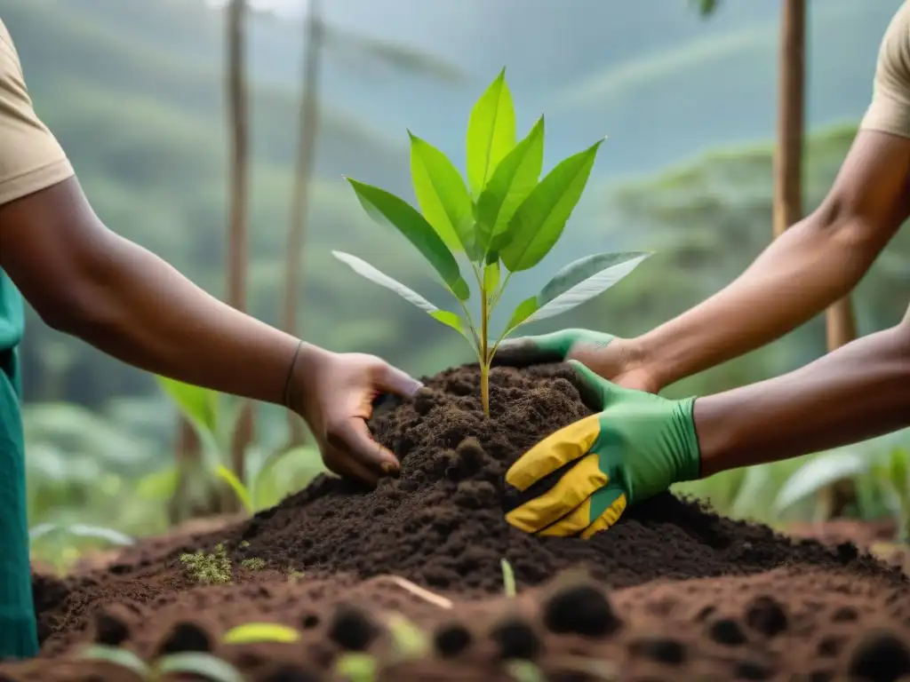 Juventud indígena lidera reforestación en un bosque exuberante, plantando árboles con dedicación y esperanza