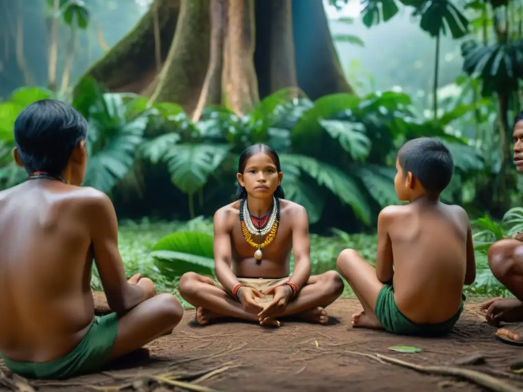 Una lección tradicional en la Amazonía: niños indígenas aprenden en comunidad bajo un árbol frondoso