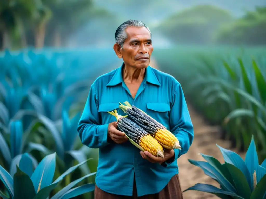 El legado nutricional del maíz azul: un campesino maya sostiene con cariño una mazorca en un campo de maíz azul, bajo el sol de Yucatán