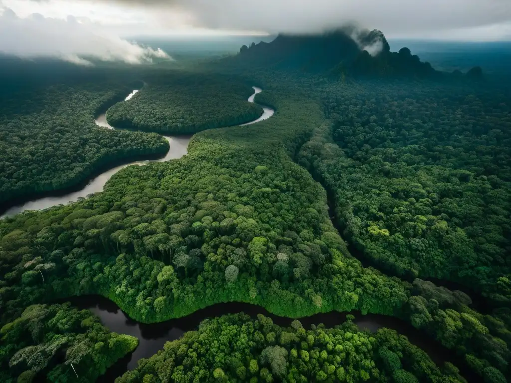 Legado territorial indígena en la Amazonía: vista aérea de exuberante selva verde con ríos serpenteantes