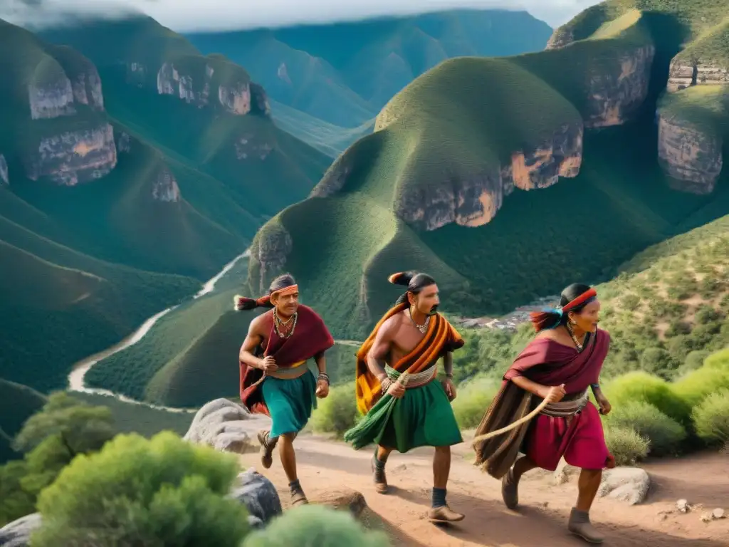 Aprende lengua rarámuri en línea: Rarámuris corren por Cañón del Cobre, vistiendo trajes coloridos, expresión de determinación en sus rostros