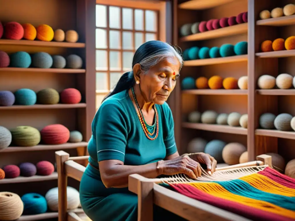 Preservación de lenguas indígenas amenazadas: Anciana tejiendo textil tradicional rodeada de colores y luz cálida