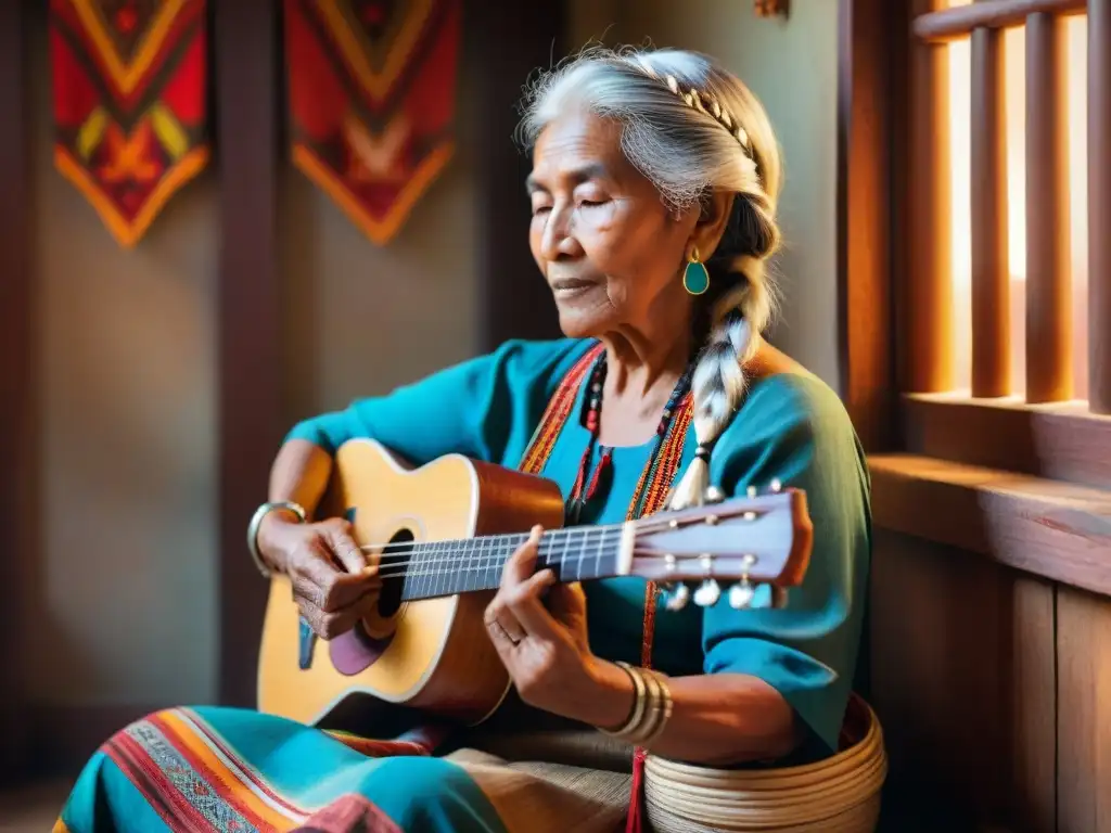 Preservación de lenguas indígenas: Anciana indígena tocando un instrumento tradicional en un ambiente cálido y auténtico