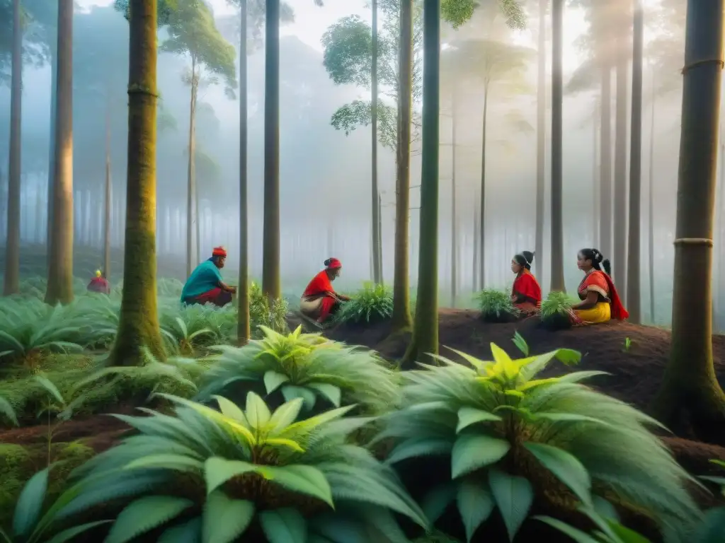 Reforestación para preservar lenguas indígenas: Escena armoniosa de indígenas plantando árboles en un bosque exuberante