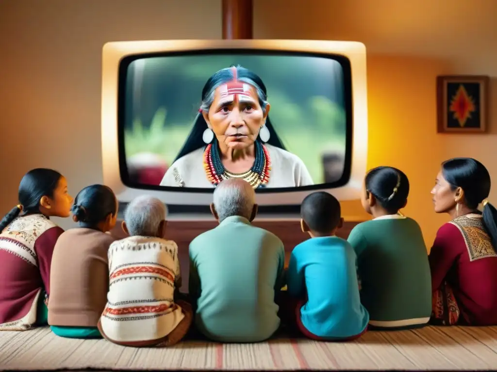 Difusión de lenguas indígenas en la televisión: ancianos y niños fascinados por la programación en su idioma nativo en una acogedora sala tradicional