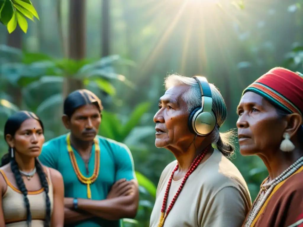 Difusión de lenguas indígenas en la radio: comunidad escucha con orgullo a anciano hablar en bosque iluminado