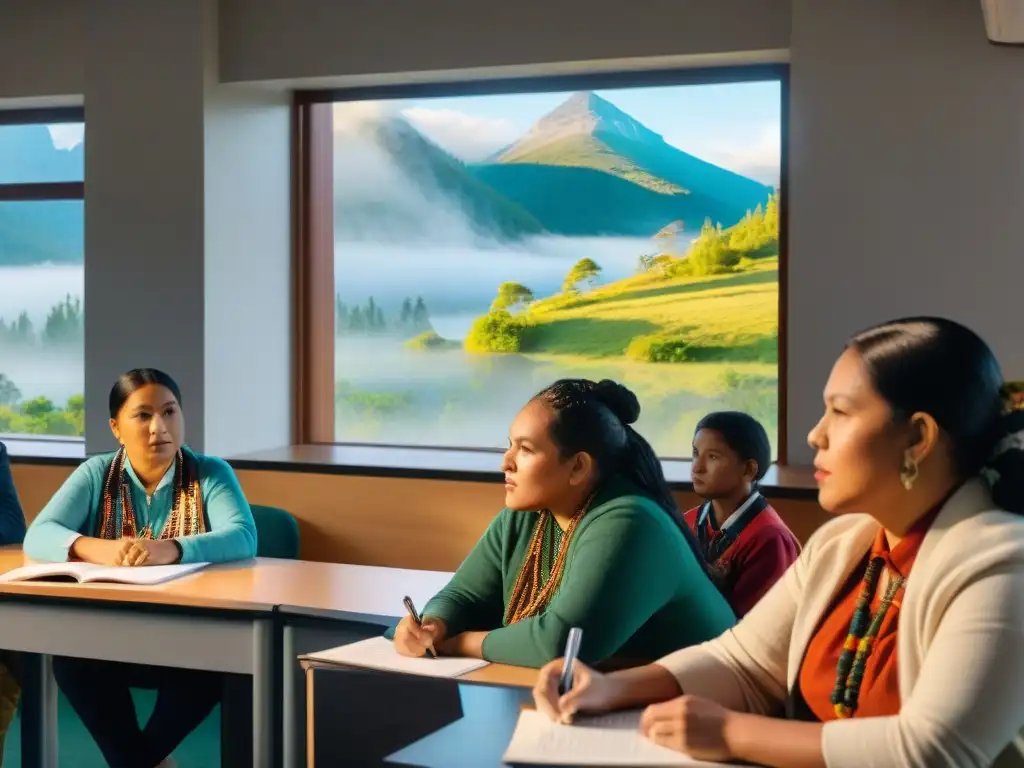 Un líder indígena guía a estudiantes en una clase vibrante sobre historia y cultura indígena