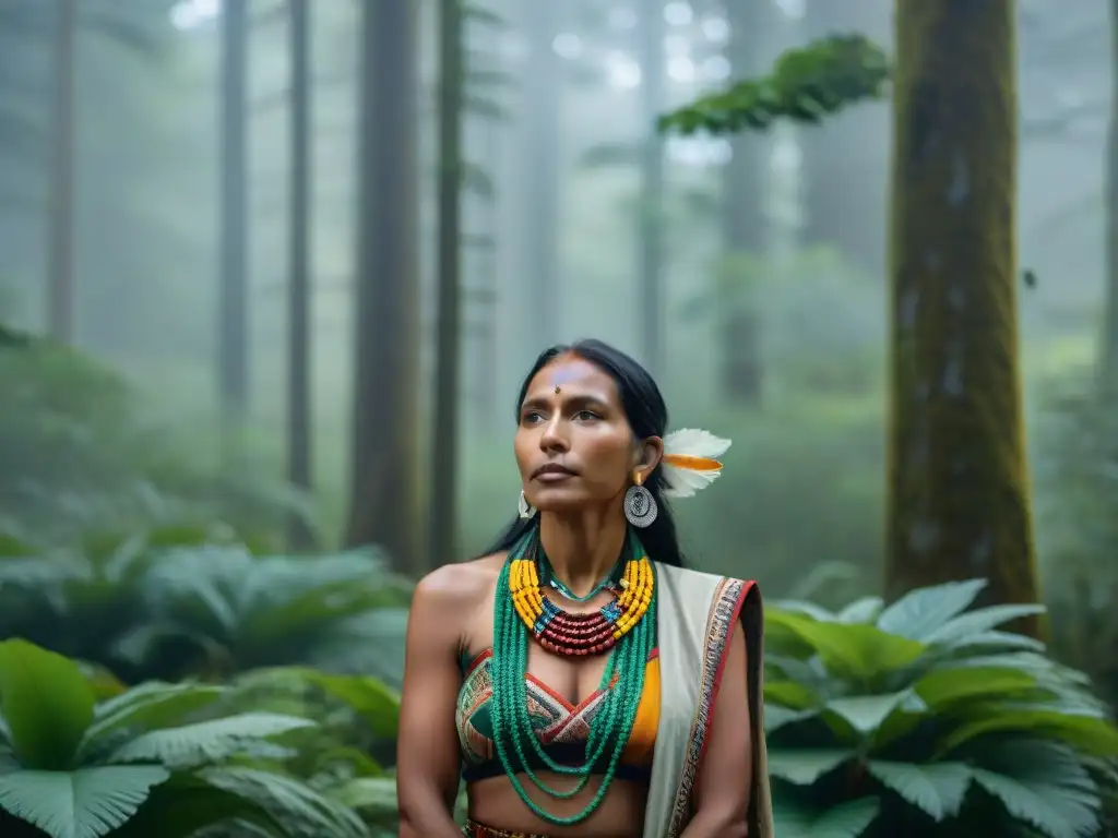 Una líder indígena empoderada en el bosque, reflejando sabiduría y fuerza