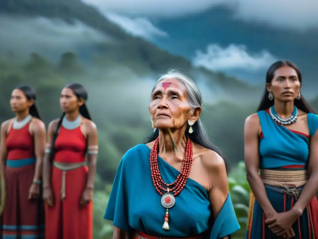 Líder indígena con jóvenes admiradoras en vestimenta tradicional, rodeadas de naturaleza