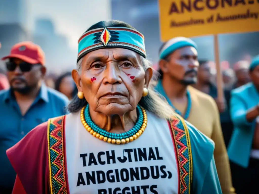 Líder indígena en protesta por Autonomía indígena derechos lucha con grupo diverso y símbolos culturales