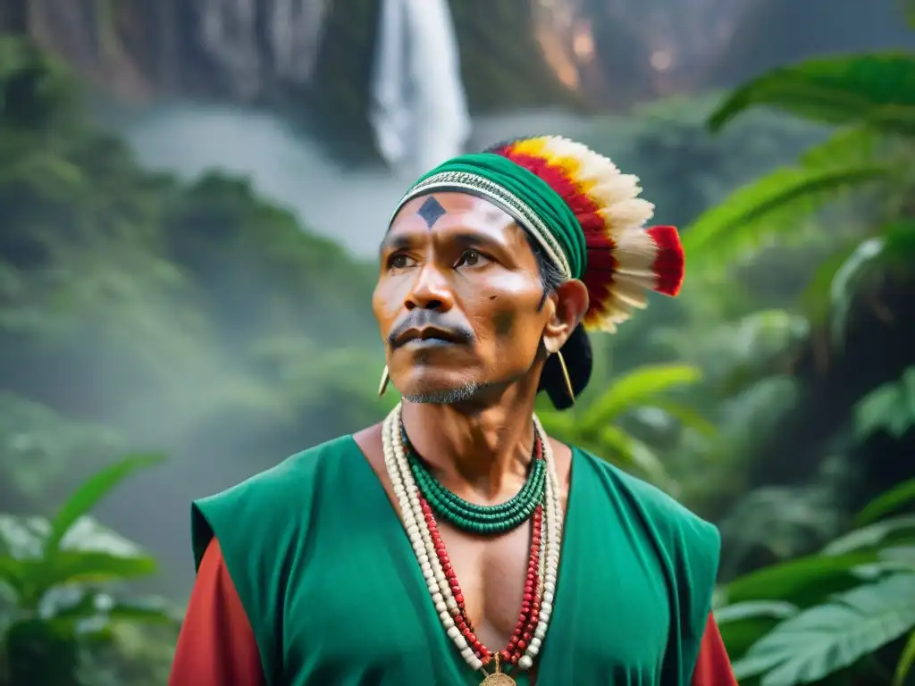 Líder indígena en la selva, atuendo tradicional, rostro de resiliencia y determinación