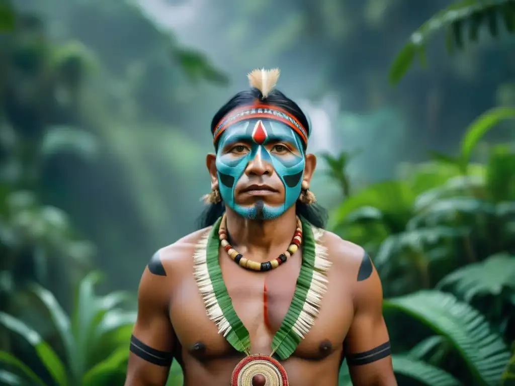 Líder indígena en la selva con vestimenta tradicional y rostro pintado, reflejando sabiduría y determinación