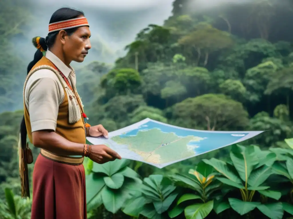 Un líder indígena en traje tradicional consulta un mapa con su comunidad bajo un frondoso dosel