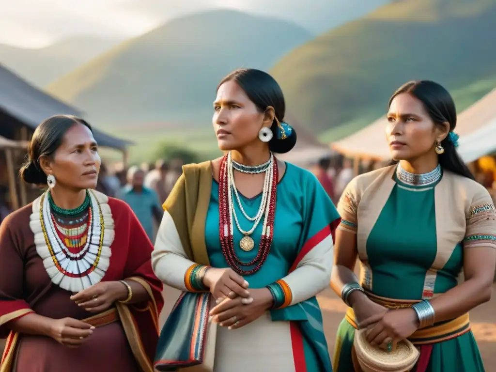 Liderazgo femenino en culturas indígenas: Mujeres líderes en mercado tradicional al atardecer