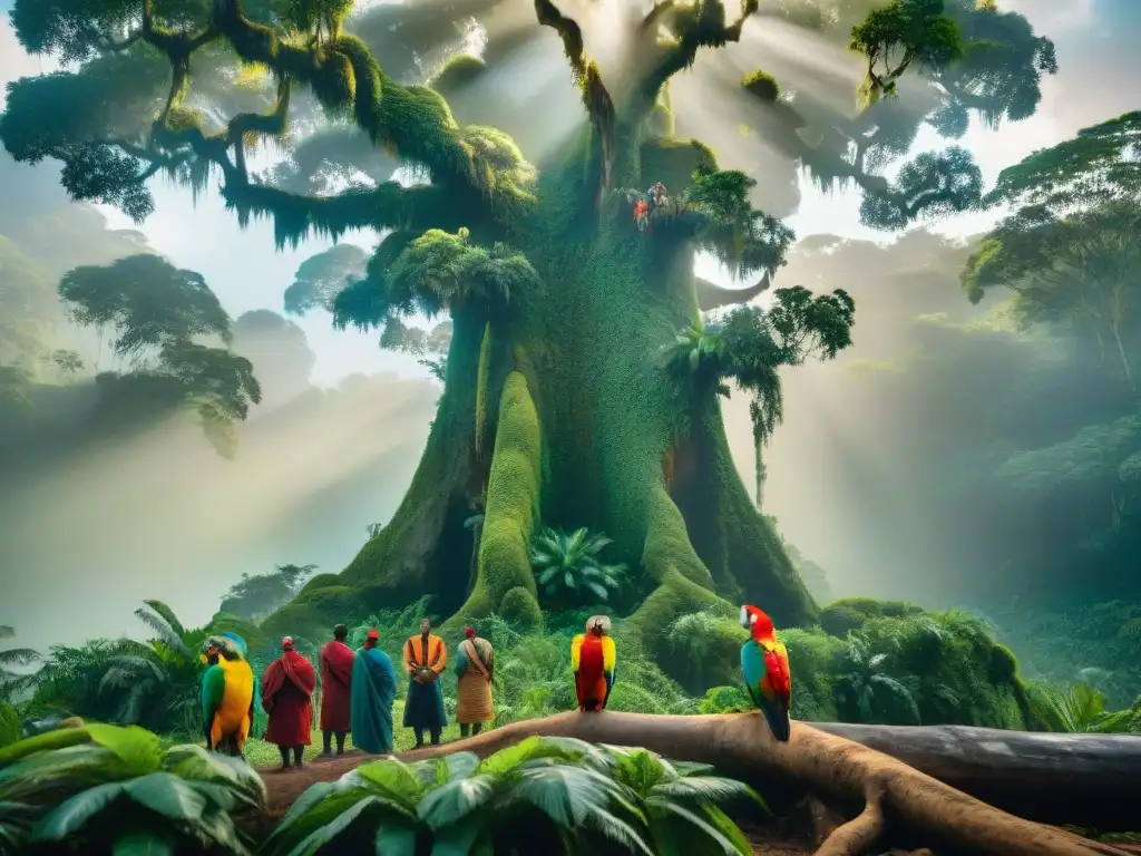 Líderes indígenas en discusión bajo árbol ancestral en selva vibrante