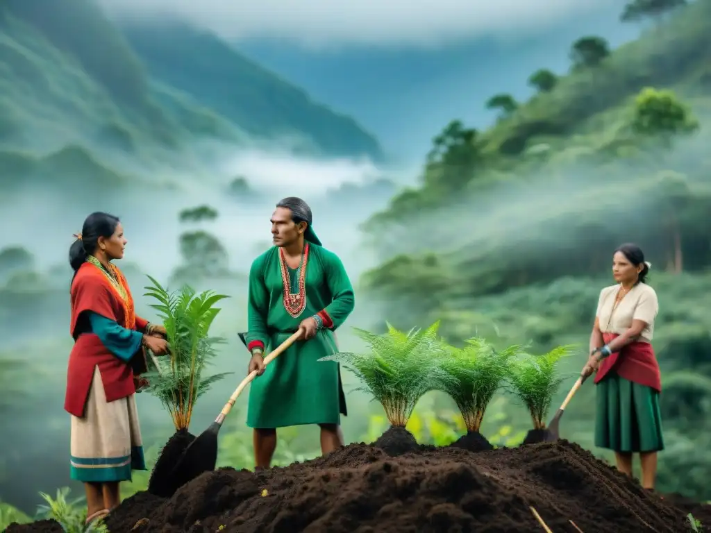 Líderes indígenas plantando árboles en la selva, mostrando unión y dedicación por la conservación del medio ambiente