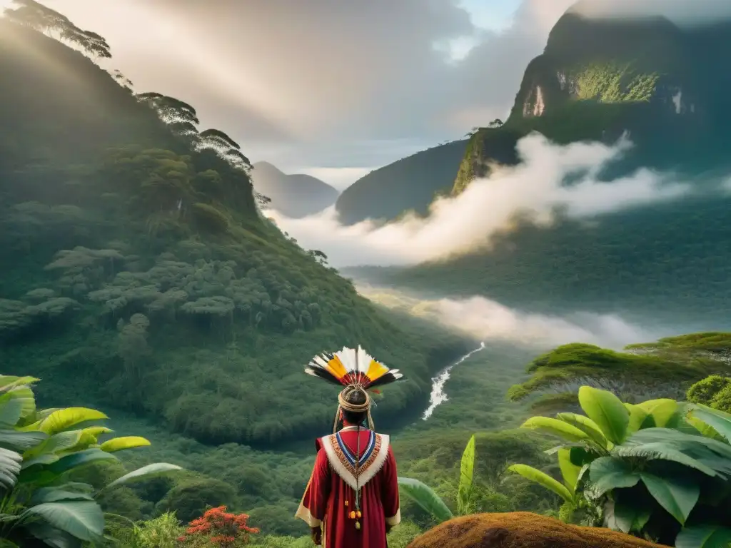 Líderes indígenas con atuendos tradicionales en la selva