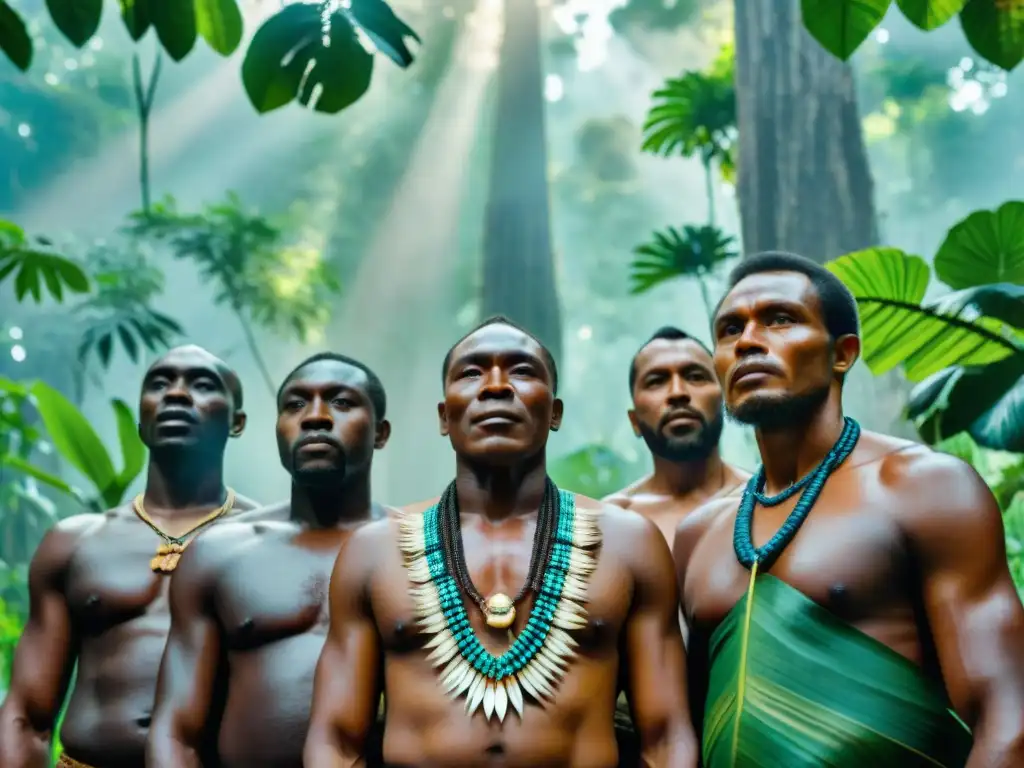 Líderes indígenas del Congo en la selva, vistiendo atuendos tradicionales bajo el dosel de árboles