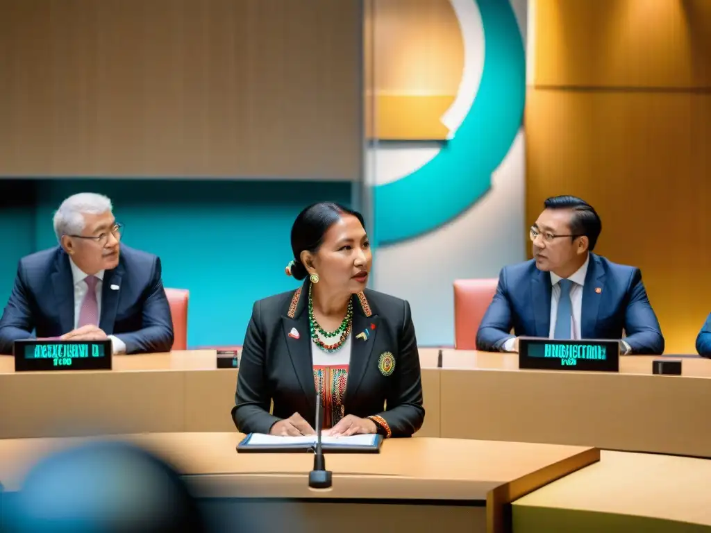 Líderes indígenas debaten en la ONU sobre el Tratado ILO 169 derechos indígenas, rodeados de banderas internacionales