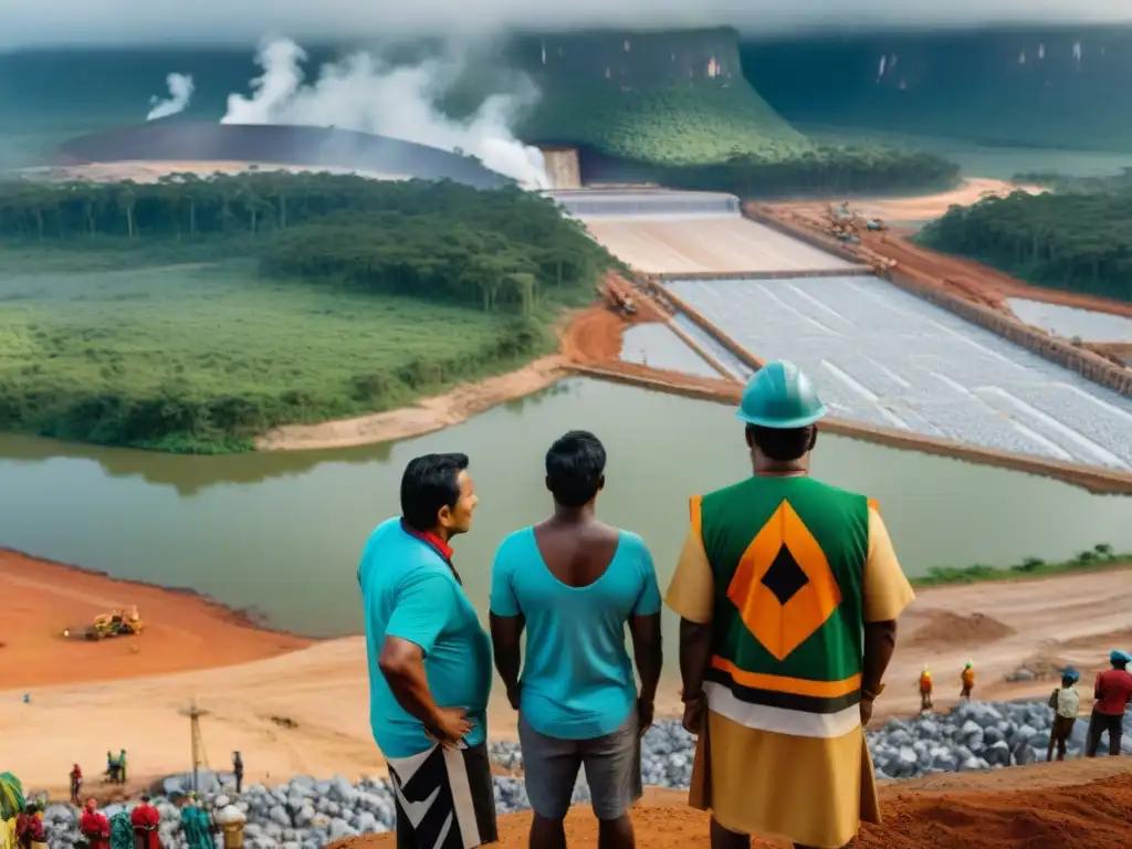 Líderes indígenas frente a represa en Amazonía Líderes indígenas frente a la represa Belo Monte, en contraste con la selva amazónica