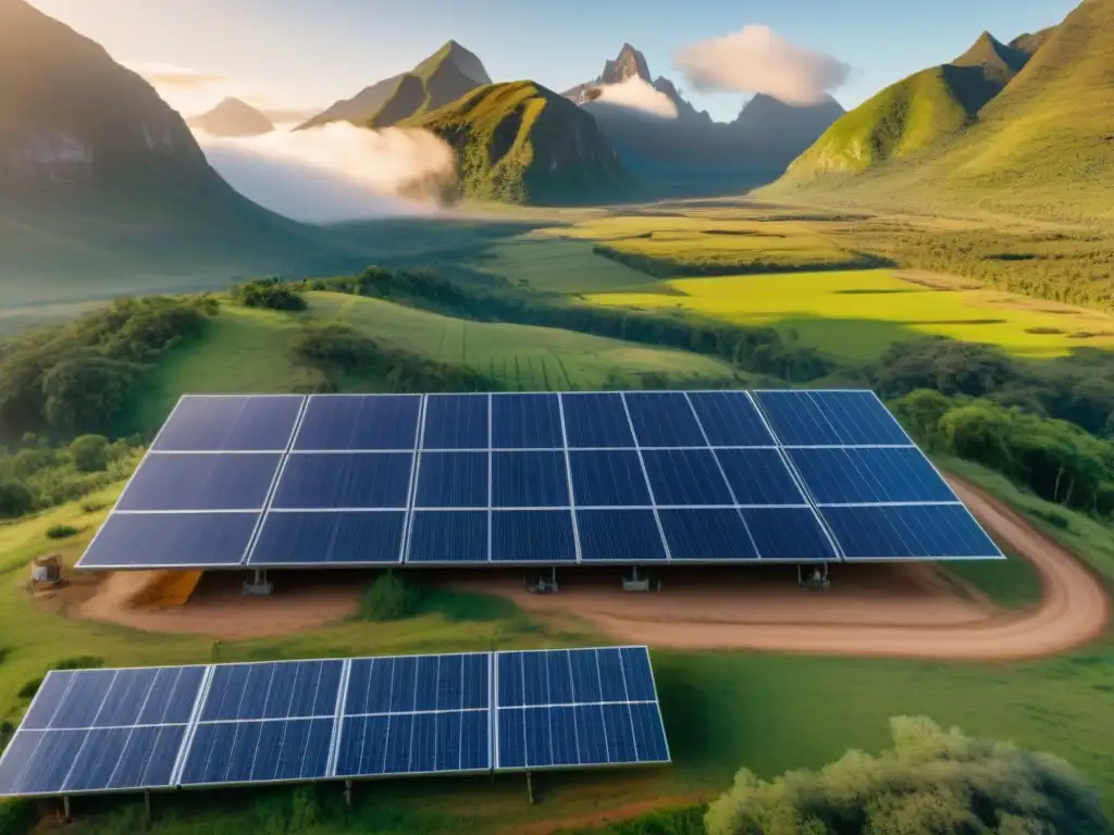 Líderes indígenas dialogan alrededor de paneles solares en paisaje verde con montañas