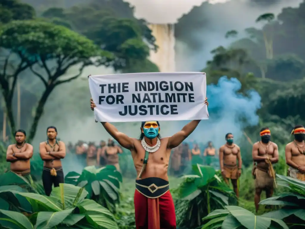 Líderes indígenas en protesta por el clima en la Amazonía, rodeados de naturaleza exuberante