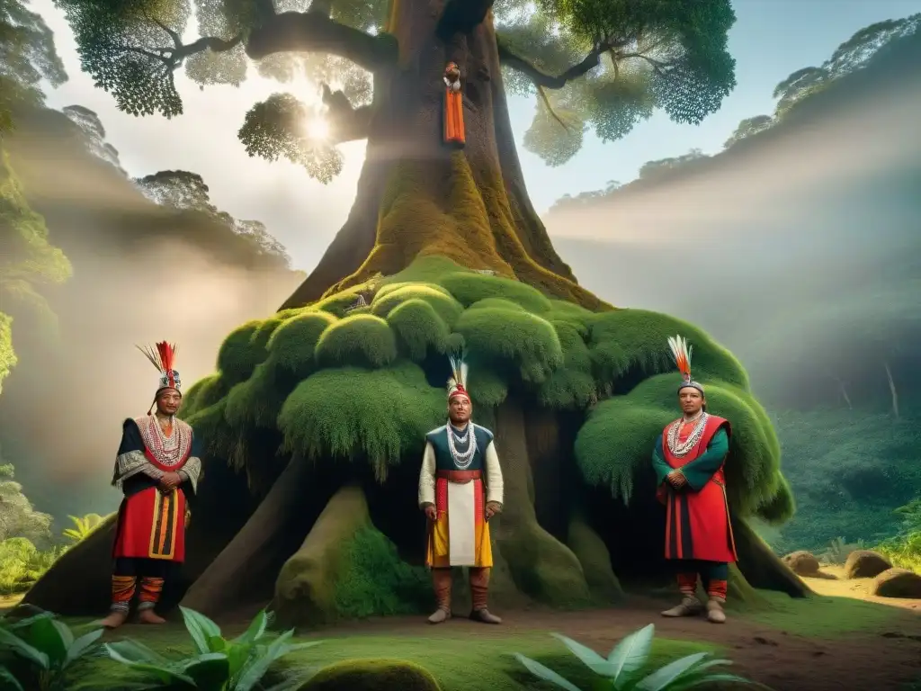 Líderes indígenas en la selva con vestimenta tradicional junto a un árbol antiguo
